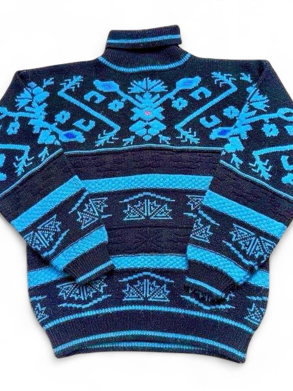 Vintage 1980s Men's Blue geometric Patterned Turtleneck Sweater M